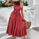 Tie Belt Tiered Midi Dress Burgundy XL
