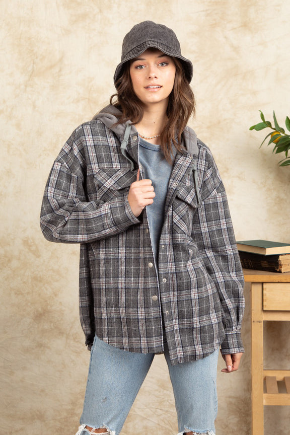 Drawstring Plaid Long Sleeve Hooded Jacket Dark Gray
