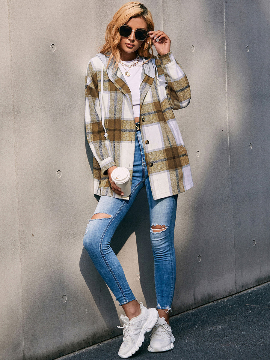 Ivy Lane Plaid Dropped Shoulder Hooded Jacket Camel