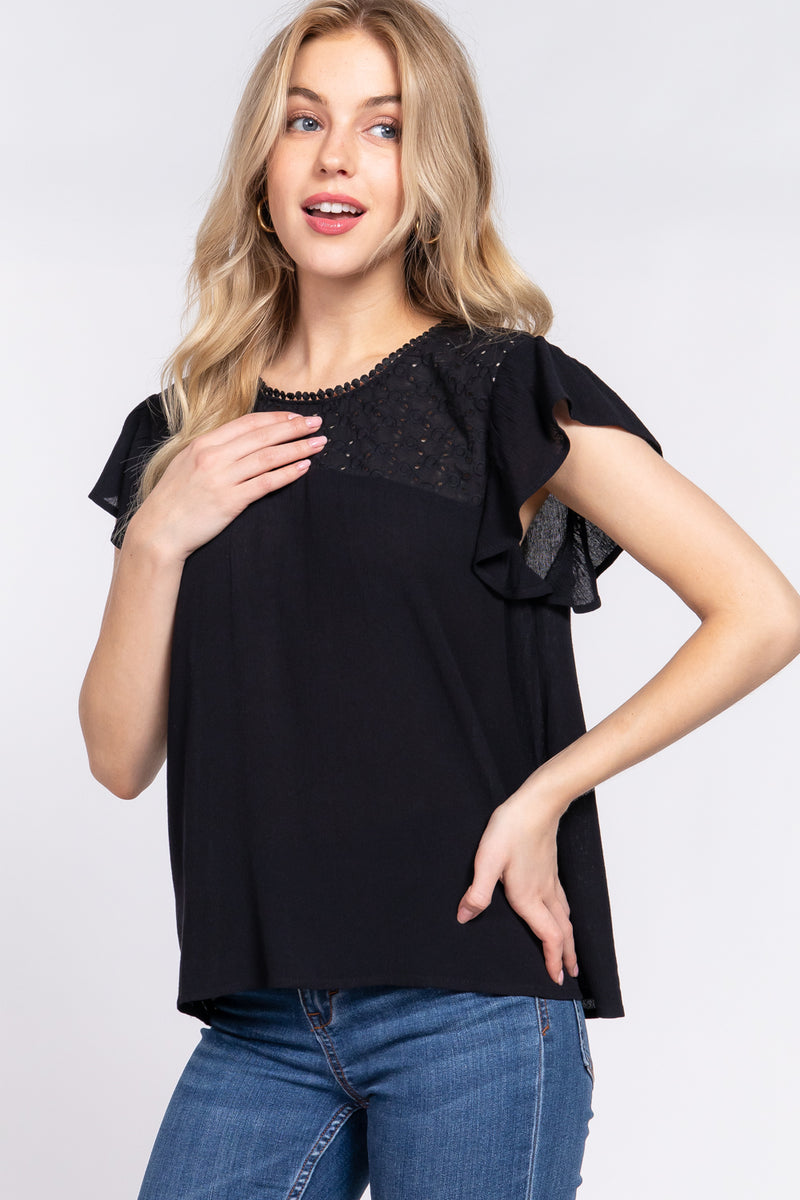 ACTIVE BASIC Ruffle Short Sleeve Crochet Blouse