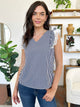Perfee Lace Detail Ruffled Striped V-Neck Cap Sleeve Blouse Black White