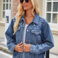 Pearl Detail Collared Neck Long Sleeve Denim Jacket