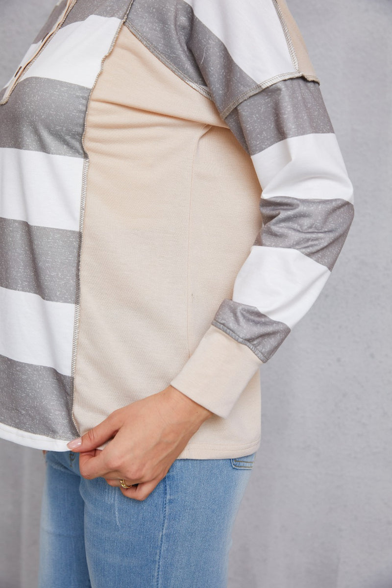 Striped Exposed Seam Buttoned T-Shirt