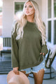 Waffle-Knit Round Neck Long Sleeve Sweatshirt Matcha Green