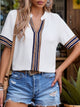 Perfee Contrast Stripes Notched Short Sleeve Blouse White