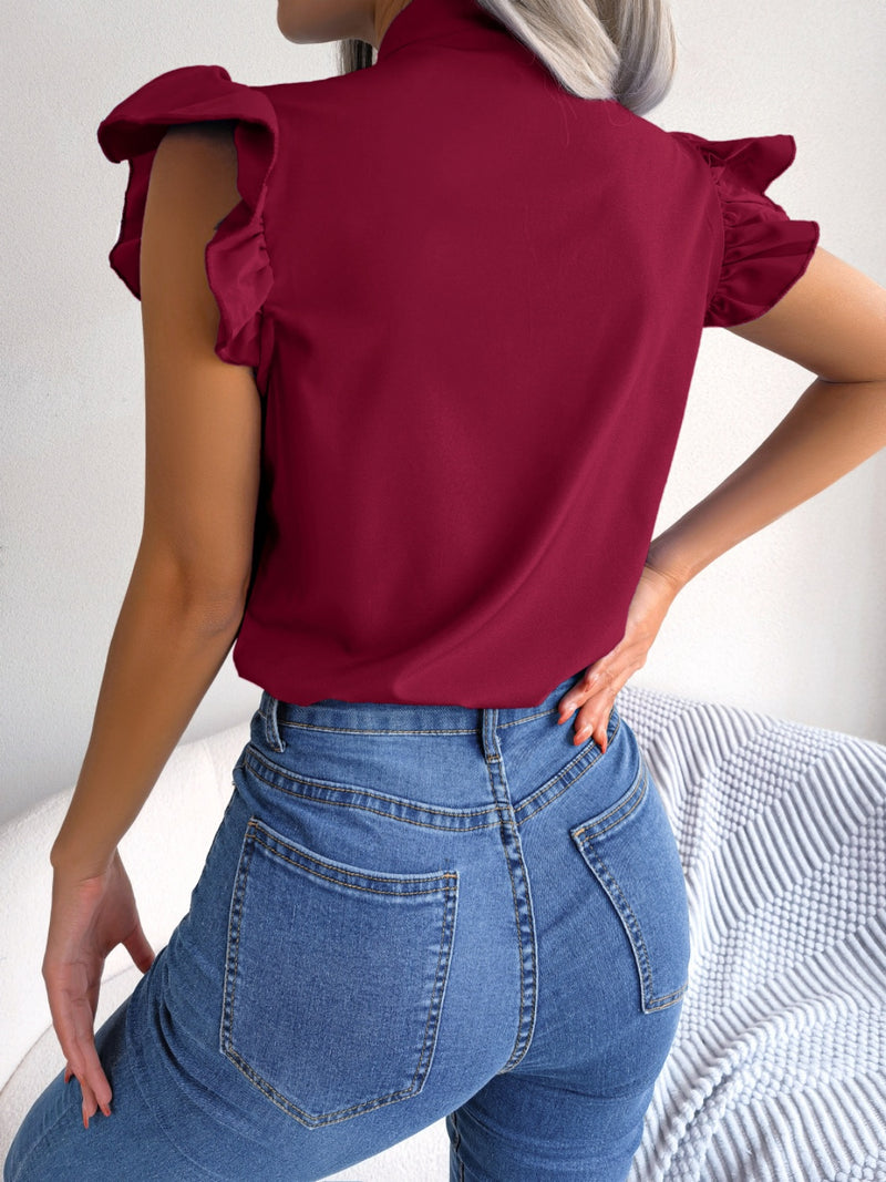 Tie  Neck Cap Sleeve Blouse