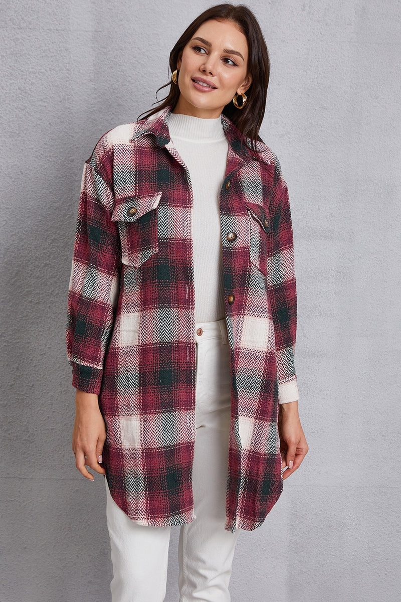 MeiMei Plaid Button Up Dropped Shoulder Coat with Pockets