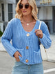 Round Neck Button Up Cardigan with Pockets Sky Blue