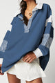 Collared Neck Long Sleeve Sweatshirt French Blue