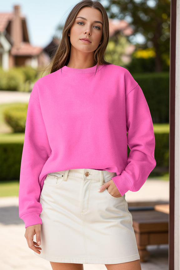 Round Neck Long Sleeve Sweatshirt Hot Pink