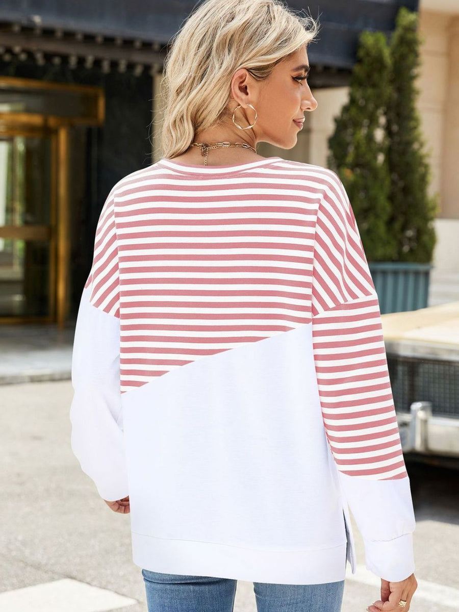 Slit Contrast Striped Long Sleeve Sweatshirt