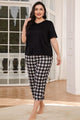V-Neck Tee and Plaid Cropped Pants Lounge Set Black