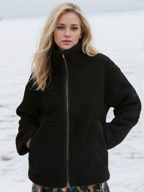 Turtleneck Zip Up Long Sleeve Plush Jacket Black