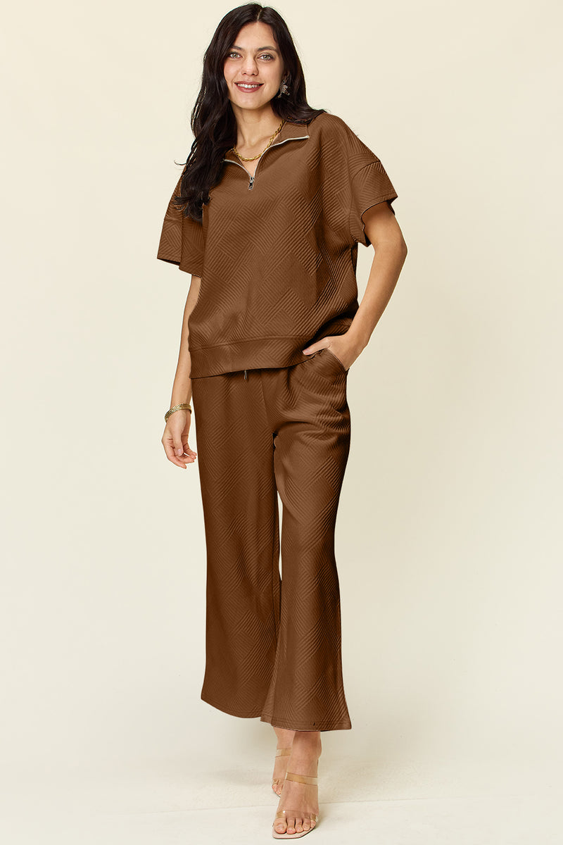 Double Take Full Size Texture Half Zip Short Sleeve Top and Pants Set Mocha