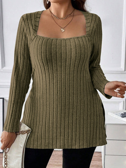 Plus Size Square Neck Long Sleeve Top Moss