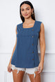 Square Neck Decorative Button Tank Dark Blue