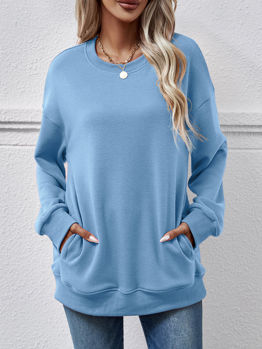 Dropped Shoulder Sweatshirt with Pockets Misty Blue