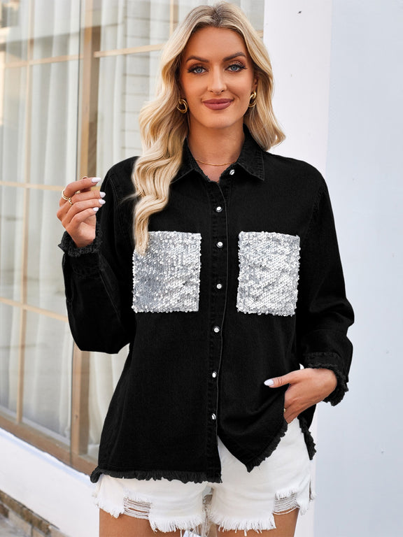 Raw Hem Button Up Long Sleeve Denim Jacket with Sequin Pockets Black