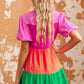 Color Block Buttoned Puff Sleeve Dress