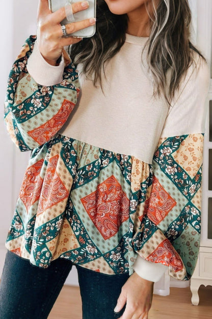 Printed Round Neck Long Sleeve Blouse Beige