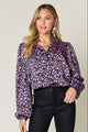 Double Take Full Size Printed Balloon Sleeve Shirt Purple