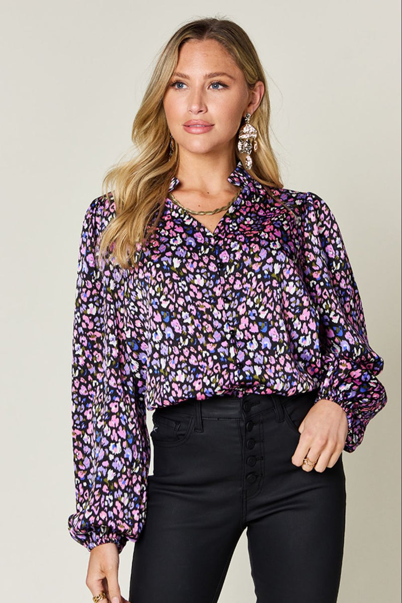 Double Take Full Size Printed Balloon Sleeve Shirt Purple