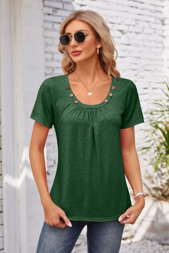 Decorative Button Scoop Neck T-Shirt Dark Green