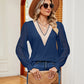 Contrast V-Neck Long Sleeve Blouse