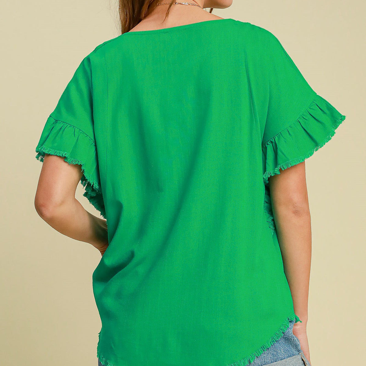 Umgee Full Size Raw Hem Ruffle Short Sleeve Blouse Plus Size