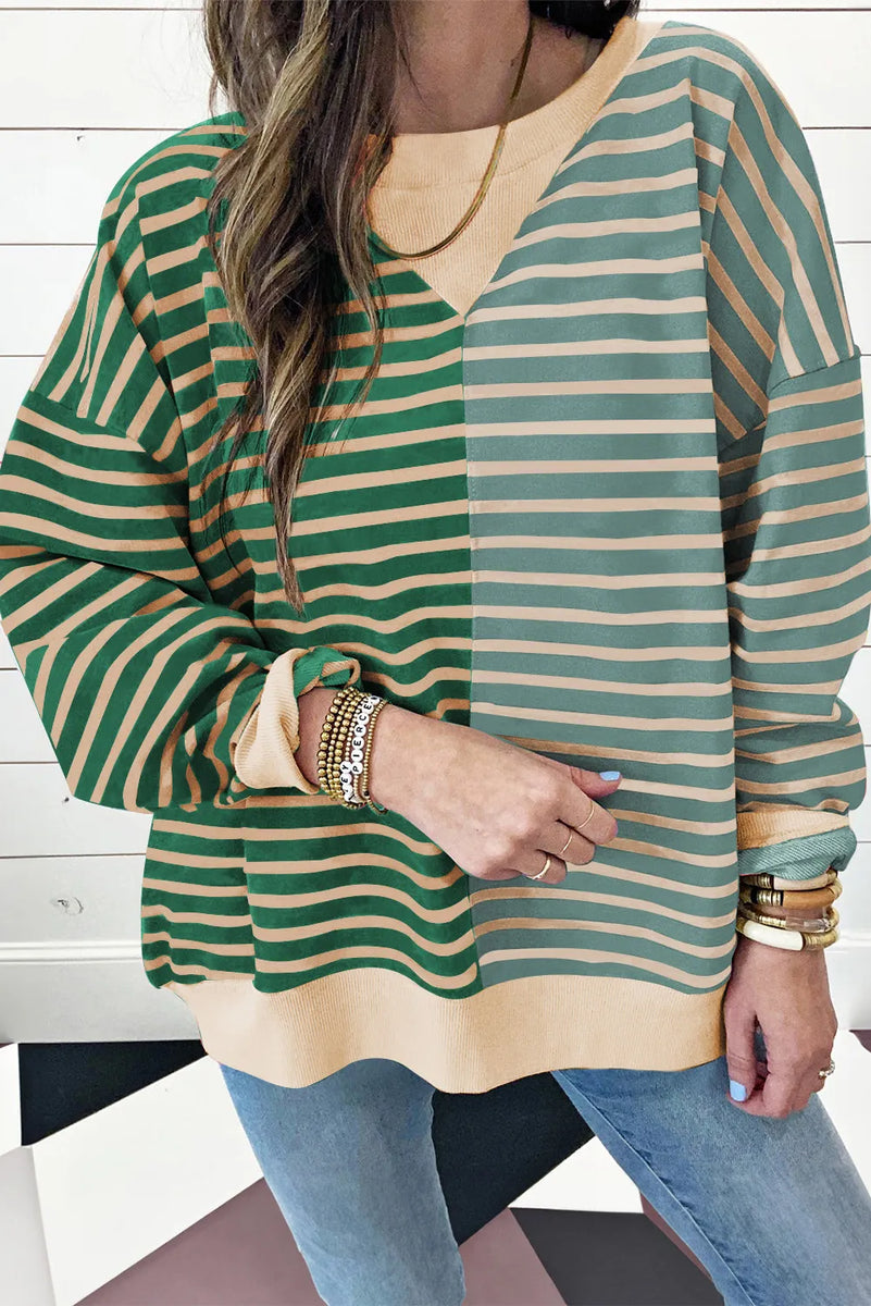 Contrast Stripes Round Neck Long Sleeve Sweatshirt Dark Green