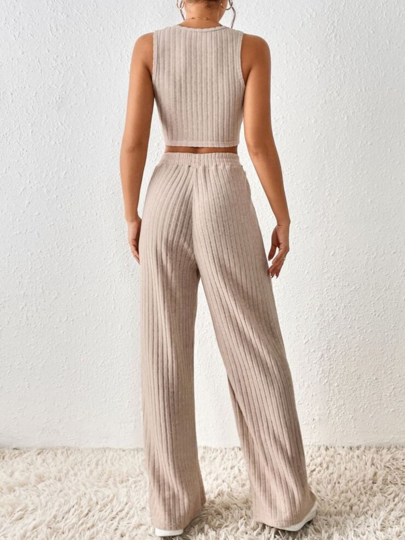 Ribbed Round Neck Tank and Pants Sweater Set