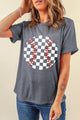 Checkered Graphic Round Neck Short Sleeve T-Shirt Dark Gray