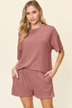 Double Take Full Size Round Neck Short Sleeve T-Shirt and Shorts Set Light Mauve
