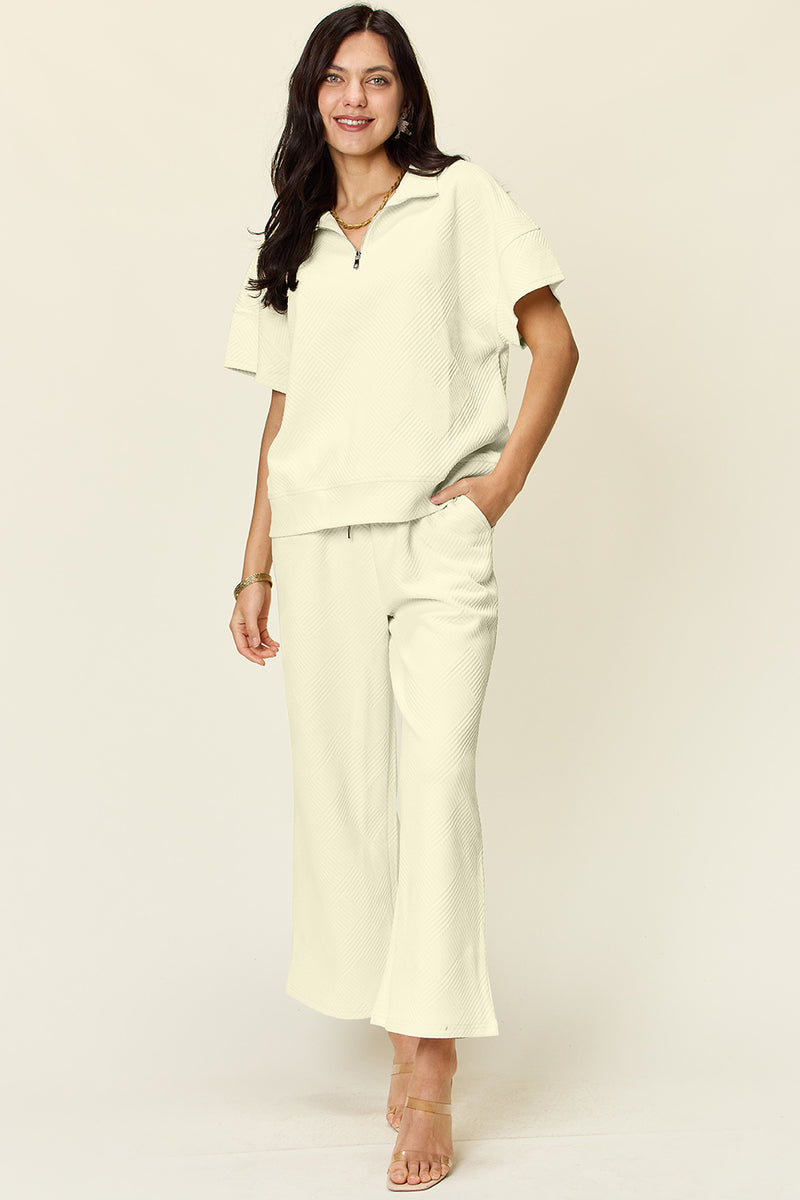 Double Take Full Size Texture Half Zip Short Sleeve Top and Pants Set Cream