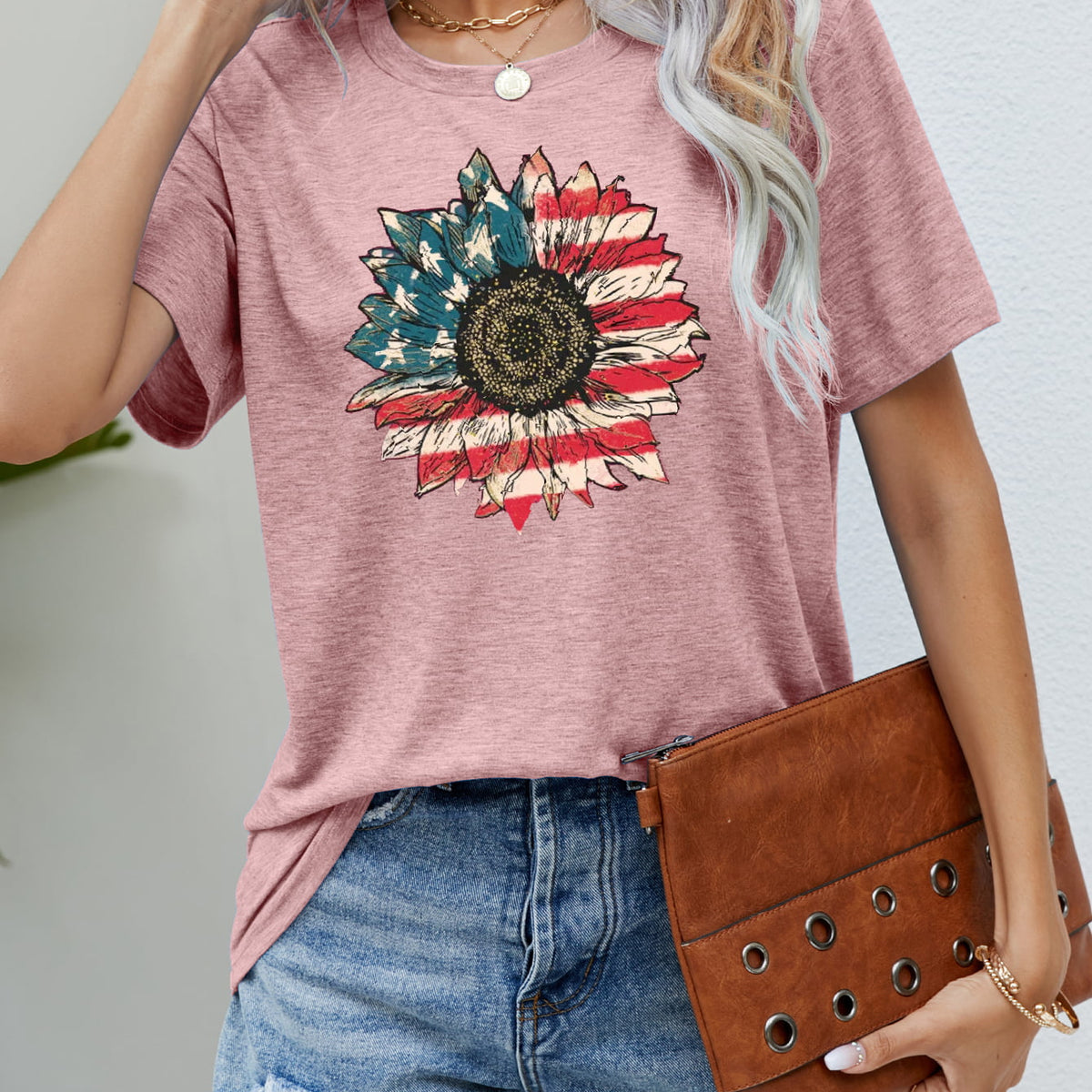 US Flag Flower Graphic Tee Blush Pink