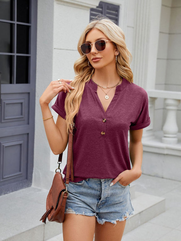 Florira Notched Short Sleeve T-Shirt Deep Purple