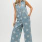 BiBi Star Print Half Zip Sleeveless Denim Jumpsuit