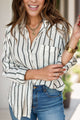Pocketed Striped Collared Neck Long Sleeve Shirt White