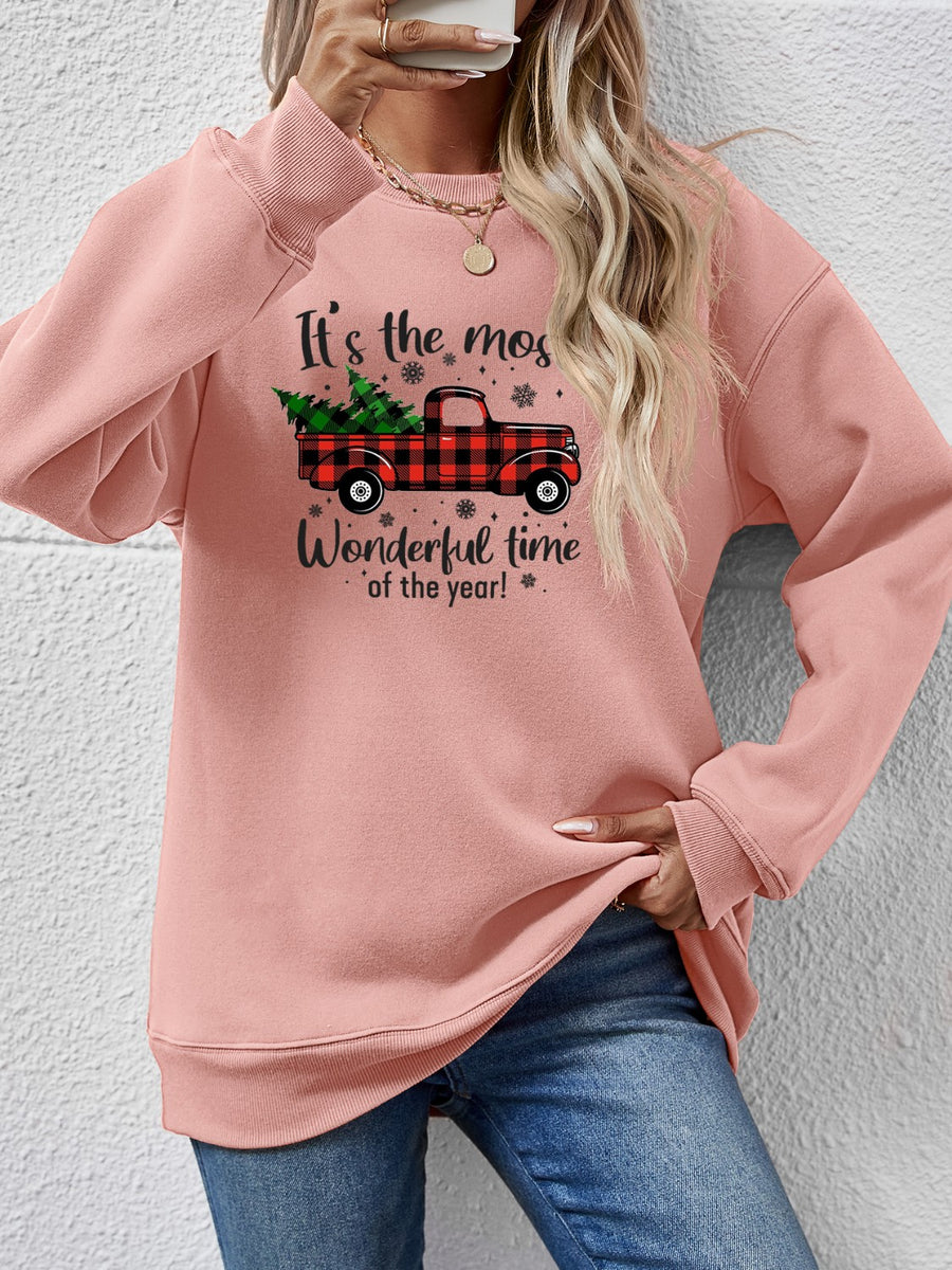 Graphic Round Neck Long Sleeve Sweatshirt Blush Pink