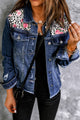 Mixed Print Distressed Button Front Denim Jacket Floral Denim