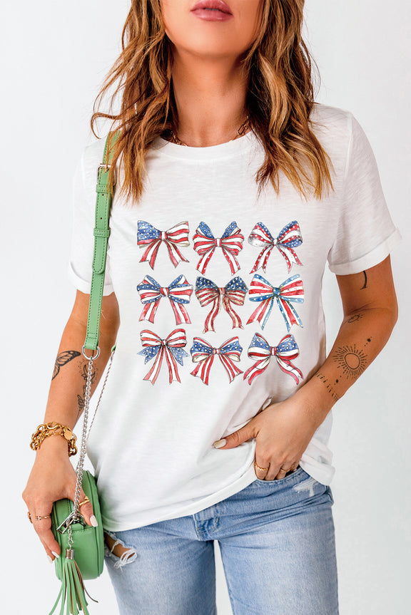 Bow Graphic Round Neck Short Sleeve T-Shirt White