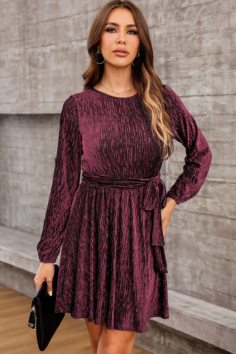 Round Neck Tie Front Long Sleeve Dress Wine