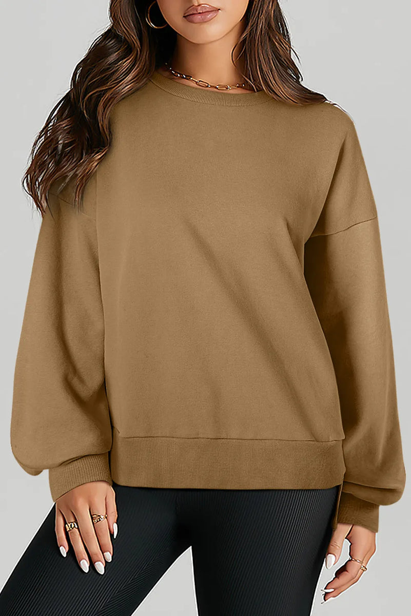 High-Low Round Neck Long Sleeve Sweatshirt Camel