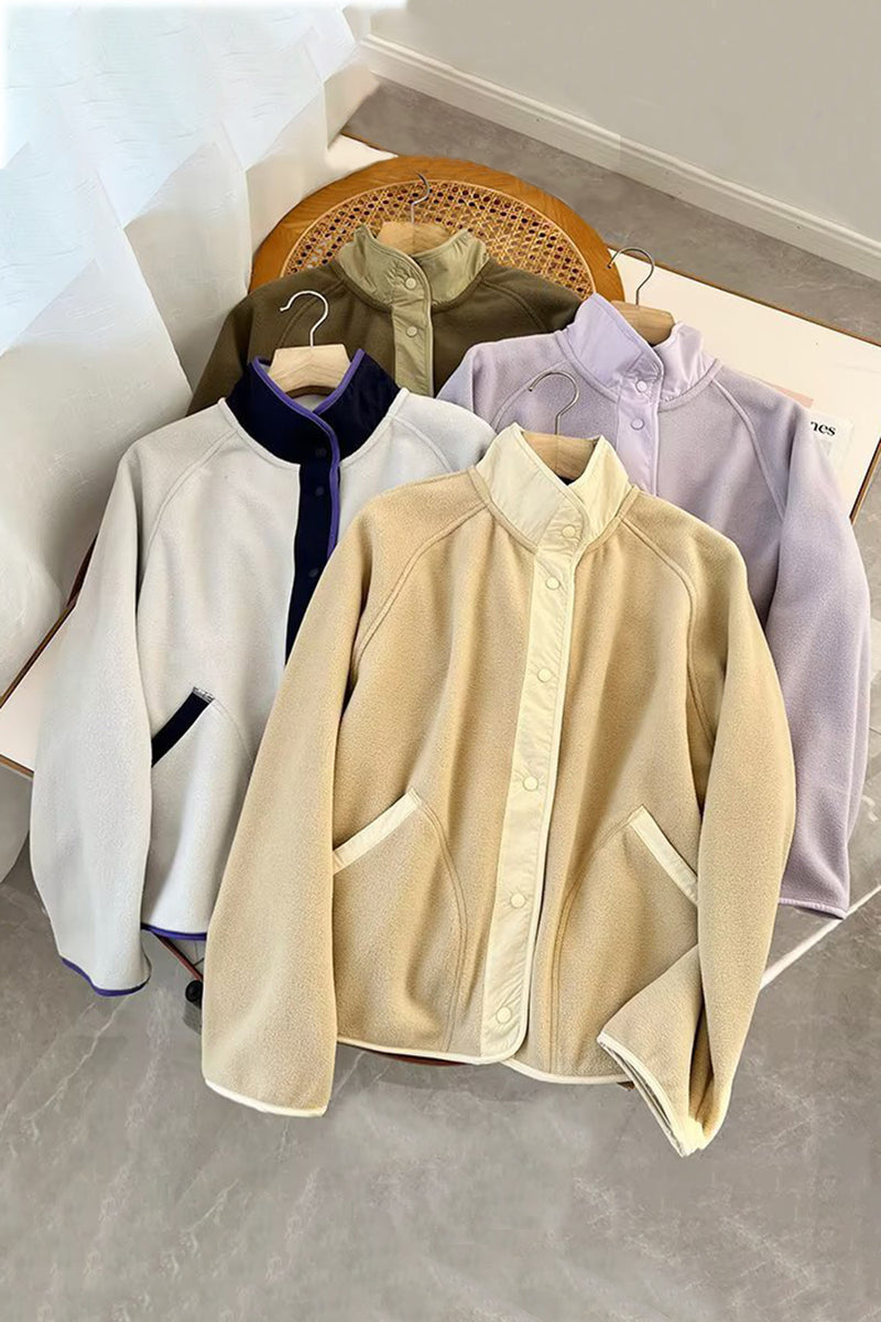 Double Take Snap Down Contrast Fleece Jacket with Pockets Tan One Size