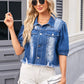 Distressed Raw Hem Button Up Denim Jacket