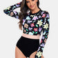 Flower Round Neck Long Sleeve One-Piece Swimwear