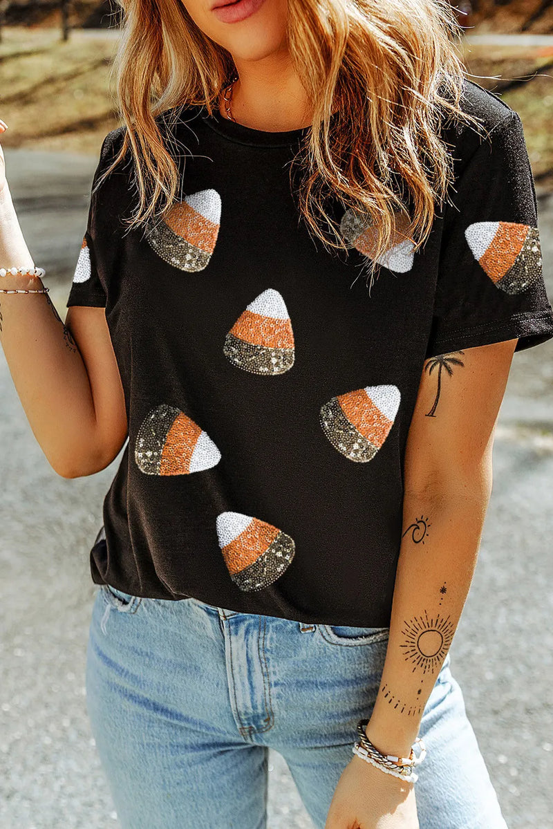 Sequin Round Neck Short Sleeve T-Shirt Black