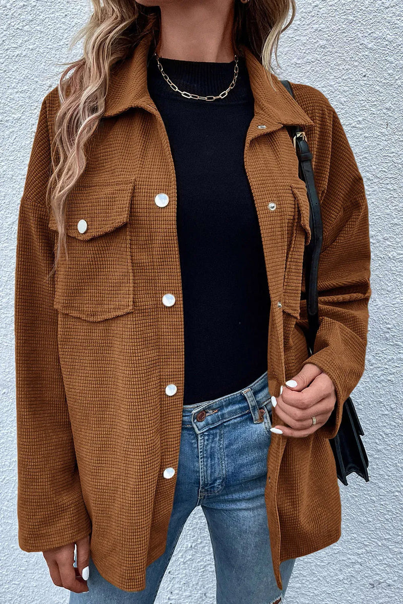 Pocketed Snap Down Long Sleeve Jacket Brown