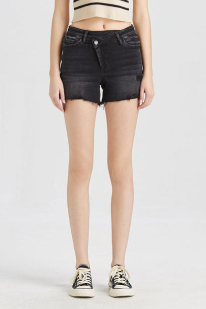 BAYEAS Stepped Waist Raw Hem Denim Shorts