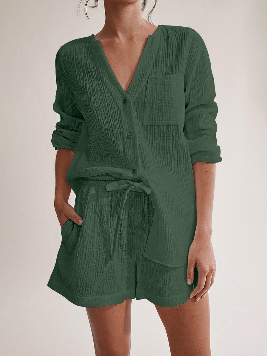 Notched Long Sleeve Top and Shorts Set Dark Green